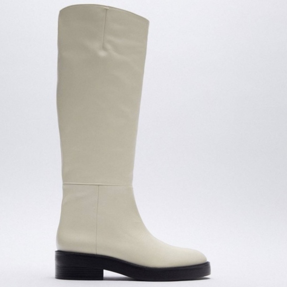 Zara flat leather boot in off-white or cream color.